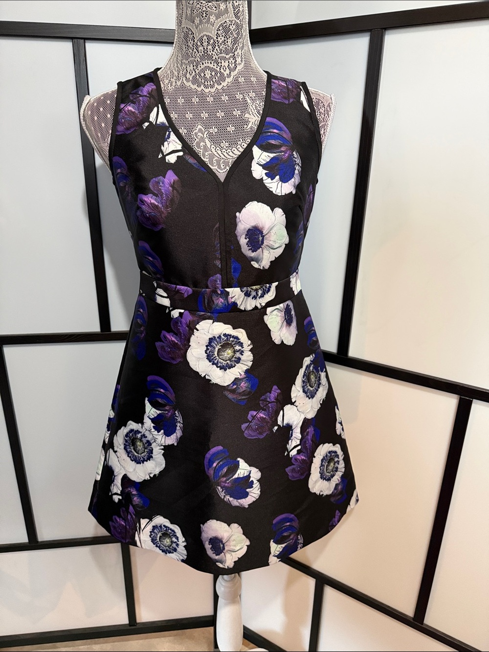 J. Crew Black Mini Dress with White and Blue-Purple Floral Pattern